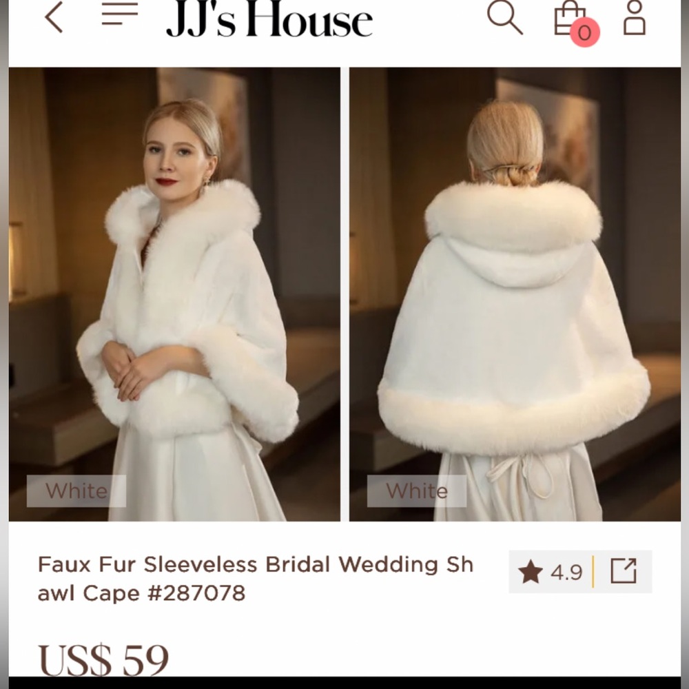 JJs House White Faux Fur Bridal Shawl Cape